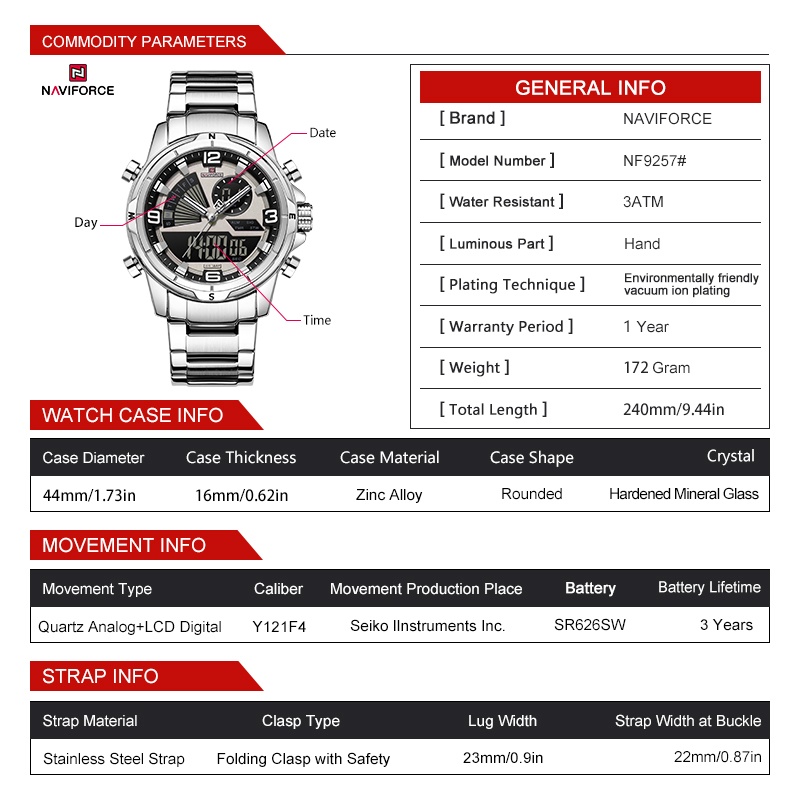 NAVIFORCE 男性デュアルディスプレイ腕時計 3ATM - Watch Display Box のレビューと価格